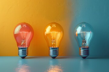 Poster - Against a dual-tone background, three light bulbs in red, yellow, and blue hues are presented, adding a pop of color and artistic flair