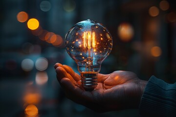 A hand holds a light bulb where stars in the glowing filament blend with the out-of-focus lights