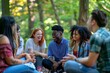 © Iftikhar alam - A group of young individuals sitting closely together, engaging in a lively discussion, A group of people having a lively discussion in a park