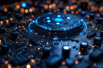 Poster - An intricately designed circuit board glows with neon blue lights, illustrating advanced technology