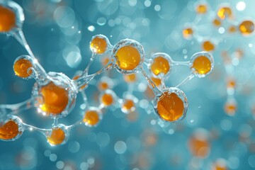 Poster - Stunning visualization of golden-hued molecular structures interconnected on a crisp teal background, conveying scientific intricacy