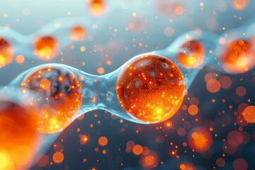 Poster - Vivid depiction of microscopic structures resembling fiery orange orbs interconnected by translucent links, with a dynamic bokeh effect