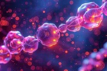 Poster - Artistic interpretation of a twisting DNA strand rendered with vibrant blue and red luminescent nodes on a bokeh background
