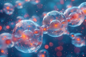 Poster - Conceptual image depicting translucent spheres with internal structures highlighted in vibrant red, against a dark blue backdrop with soft bokeh