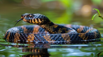 Water Moccasin Snake Swimming in Tropical Water. Dangerous Venomous Reptile in Natural Outdoor