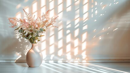 Sticker -   A vase brimming with multiple flowers rests atop a wooden floor adjacent to a window, allowing sunlight to flood in