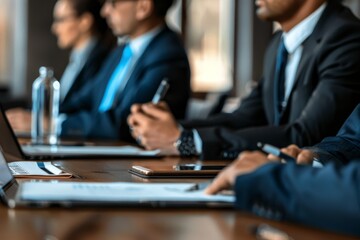 Poster - men in suits sitting at a table, using laptops for collaboration and strategic planning, a group of 