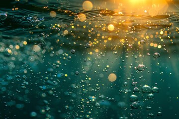 Poster - A close-up capture of countless small bubbles in water, with a mesmerizing sunset palette reflecting off their surfaces