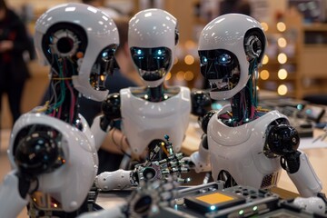 Poster - A group of humanoids standing next to each other, engaged in lively discussion and interaction, A group of robots engaged in a lively discussion on artificial intelligence ethics