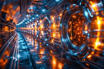 Poster - This detailed image captures a futuristic tunnel glowing with orange lights and reflective metallic surfaces, simulating advanced technology or sci-fi environment