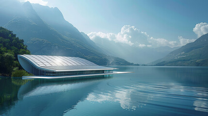 Poster - Large photovoltaic power station built on the lake, sunny day. Generative AI.