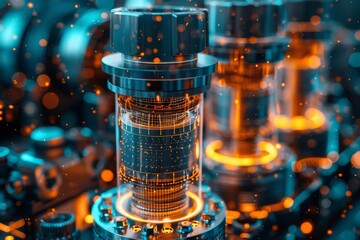Poster - A modern machinery component highlighted with blue and orange neon lights showcasing advanced technology