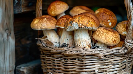 Sticker -   Basket overflowing with various mushrooms atop pile, against wooden backdrop