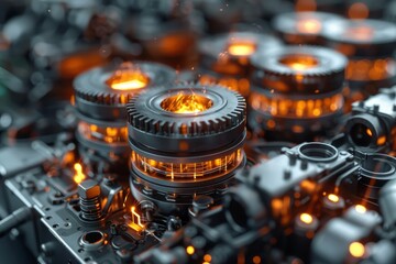 Poster - Intricate mechanical gears featuring a blazing fire at its core, denoting energy and industrial power