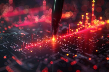 Poster - Close-up of a circuit board with bright red signals depicting electronic pathways and technology