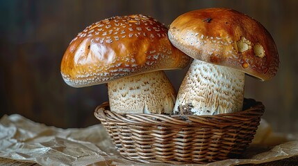 Canvas Print -   Two mushrooms sit in a woven basket atop a sheet of paper placed on a wooden tablecloth