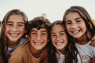 Sticker - A group of young children, likely siblings, standing next to each other posing for a family portrait, A group of siblings posing for a family portrait with big smiles