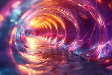Fototapete - This image illustrates a colorful, swirling tunnel with dynamic light play, suggesting movement through a psychedelic space