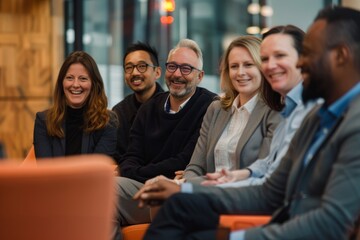 Poster - Group of people, CEOs, sitting sharing insights and strategies, engaged in discussion, happy faces, A group of smiling CEOs sharing insights and strategies for growth