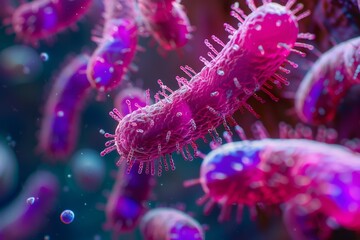 Poster - This image shows a cluster of microbe-like structures with intricate details in pink and blue hues suggesting biomedical themes