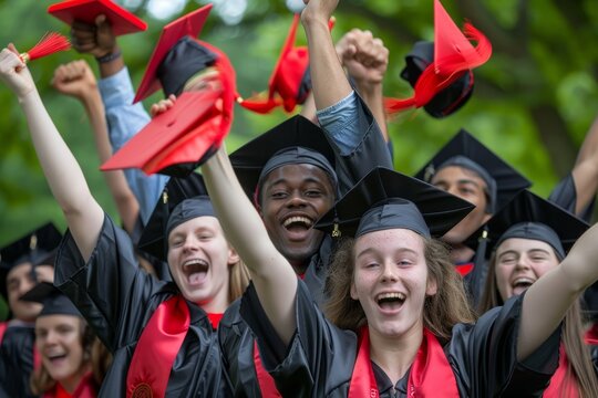 Diverse group of students wearing graduation attire, celebrating their academic achievement, A group of students in caps and gowns celebrating together
