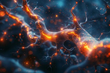 Poster - A representation of a neuron network with glowing connections on a deep blue background, suggesting cognitive processes