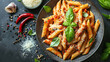 Classic italian pasta penne alla arrabiata with basil and freshly parmesan cheese and hot chilli pepper on dark table. Penne pasta with sauce.