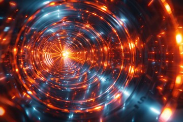 Poster - A digital art piece showing a bright red tunnel with intense neon lights leading towards a glowing center Represents speed and motion