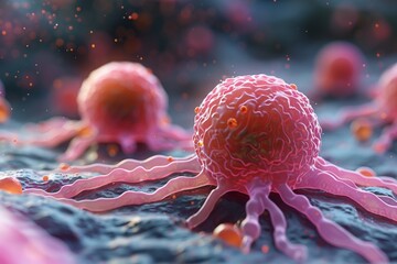 Poster - A micrograph 3D rendering of cancer cells in high detail on a textured fabric-like background, suggesting medical research