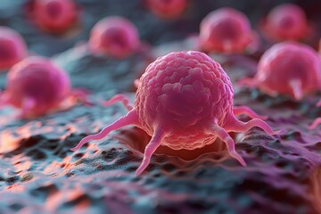 Poster - Macro close-up view of a cancer cell with detailed textures on a muted background, illustrating microscopic health themes