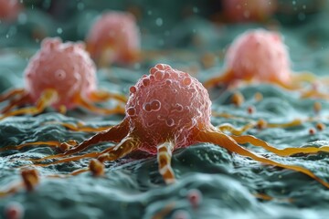 Poster - Vibrant 3D render of cancer cells moving on a fluid-like surface, suggesting motion and activity