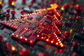 Poster - A detailed image of a red printed circuit board with glowing electronic components and pathways