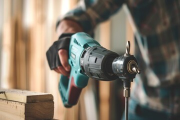 Poster - A person holding a drill and a drill bit, assembling furniture, A handyman assembling furniture with a power drill