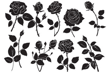 Set of three vector black silhouettes of rose flowers isolated on a white background. Minimalist hand drawn sketch. Vector stock illustration