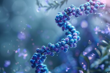 Poster - A macro shot reveals a highly detailed and colorful blue and purple DNA helix model amidst a blurred background