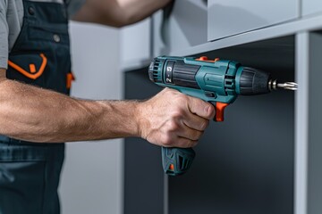 Poster - a man equipped with a drill and screwdriver, working on assembling furniture, a handyman assembling 