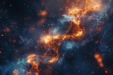 Poster - A visually striking abstract image showcasing a fiery orange DNA helix floating amidst a dark, cosmic backdrop