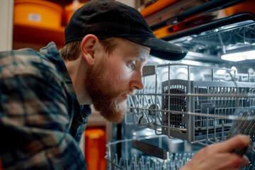 Poster - a handyman carefully inspects the inner workings of a dishwasher to assess for any issues or repairs