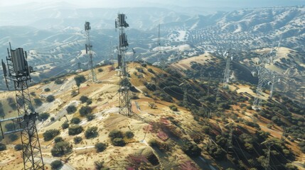 An aerial view of signal towers dotting the landscape, illustrating the widespread coverage and reach of telecommunications networks.