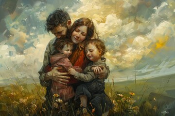 Poster - A painting capturing a family happily hugging each other, expressing love and unity, A happy family is but an earlier heaven