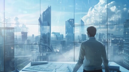 Poster - An architect examining blueprints and plans for a high-rise building project, envisioning the future skyline of a vibrant city
