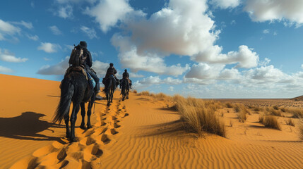 Desert Journey: Riders on Horseback Trekking Through Western Sahara Dunes