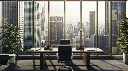 Aufkleber - An office interior with panoramic windows offering breathtaking views of a city skyline dominated by high-rise buildings.