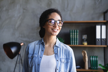 Poster - Photo of attractive corporate agent girl look away brainstorming loft interior business center office indoors