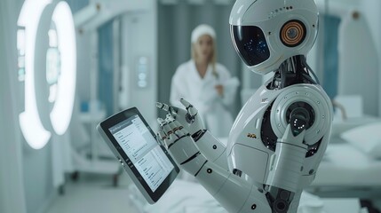 Poster - A medical robot is examining a patient in a white room and holding a digital screen to read information. Generative AI.