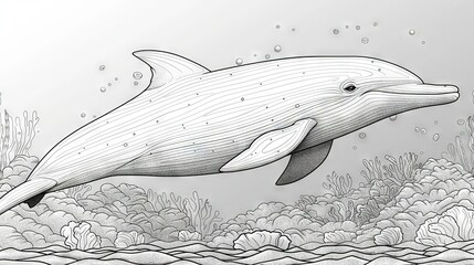 Sticker -  Drawing of a dolphin in the ocean with corals below