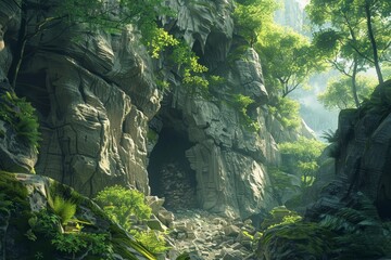 Poster - A cave entrance nestled in the lush jungle surrounded by towering rocks and dense vegetation, A hidden cave entrance nestled between towering rock formations and ancient trees