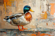 A duck stands on a ledge in a painted scene