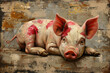 A painting of a pig laying on top of a piece of wood