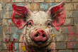 A stylized painting of a pig adorning a brick wall